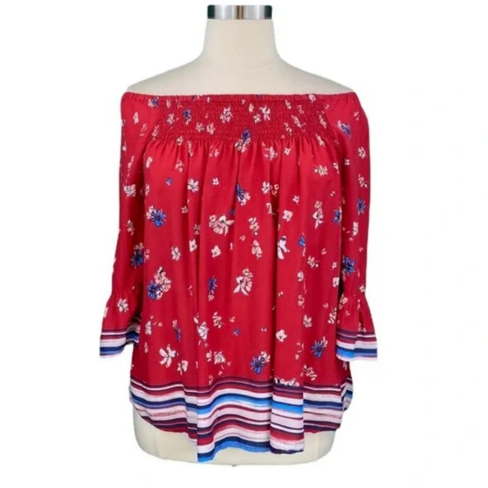 BEACHLUNCHLOUNGE Red Floral Smocked Off Shoulder Blouse TOP Sz. XL